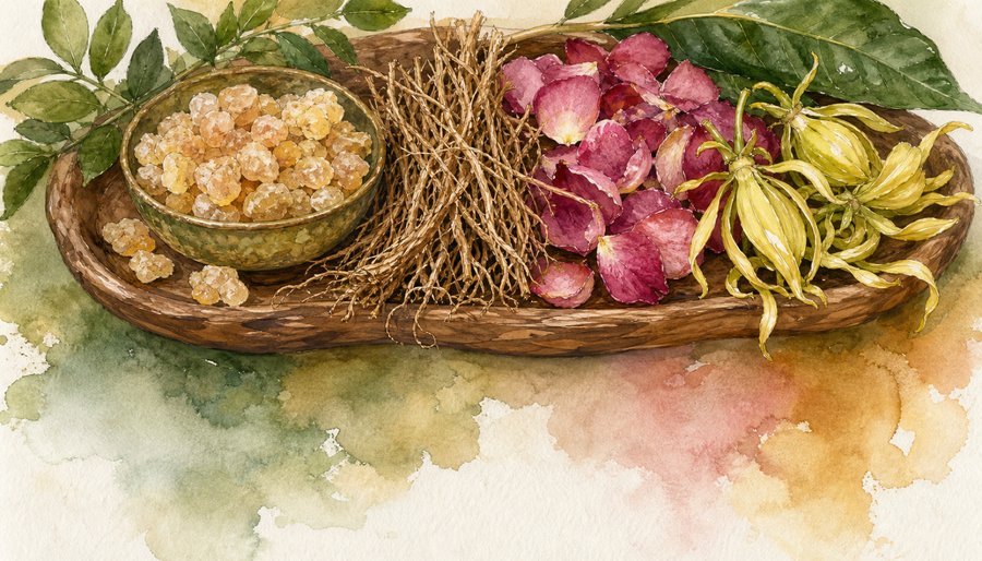 Watercolor painting of frankincense resin, vetiver root, rose petals, and ylang-ylang flowers arranged in a wooden tray
