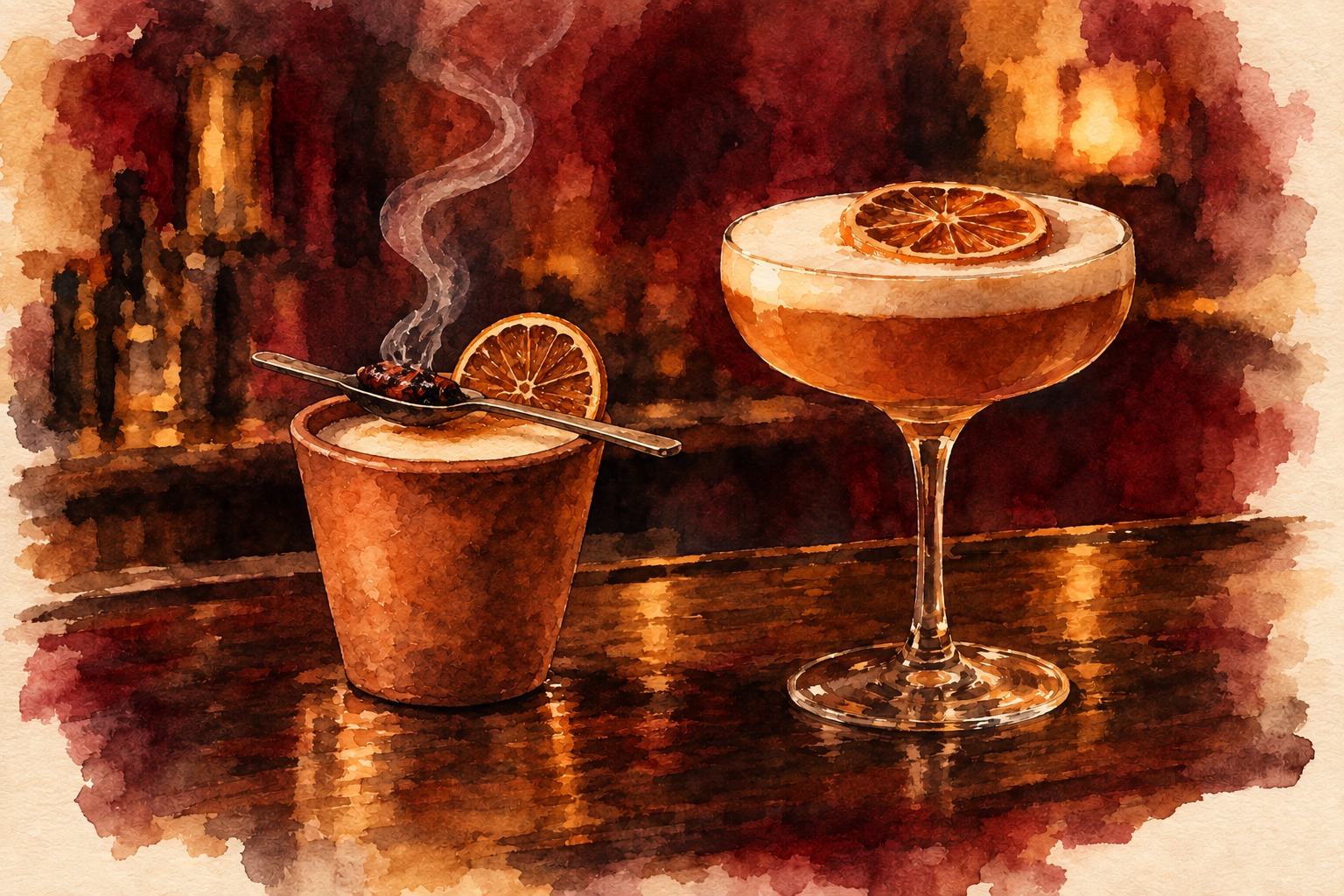 Watercolor painting of a smoking mezcal sour in a clay copita cup with a dried orange wheel and a smoldering chile on a spoon across the rim, beside an amaretto sour in a foam-topped coupe