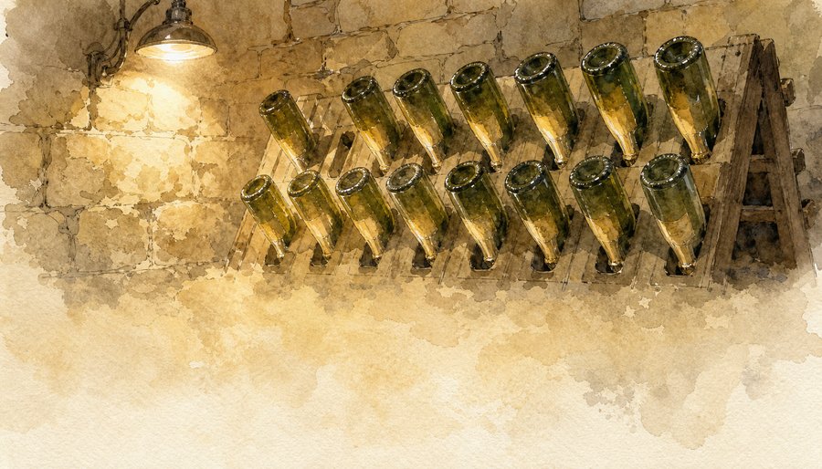 Watercolor painting of rows of Champagne bottles resting on a riddling rack in a stone cellar
