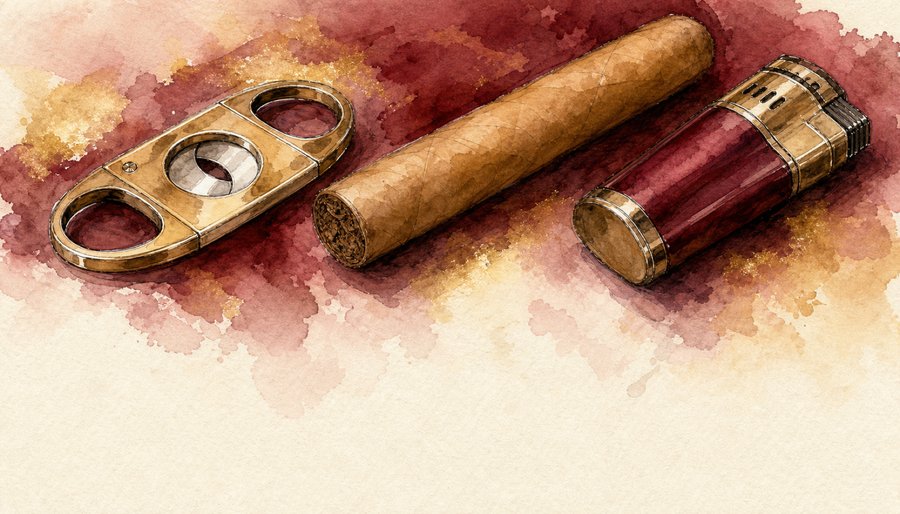 Watercolor painting of a cigar cutter, a cigar, and a torch lighter