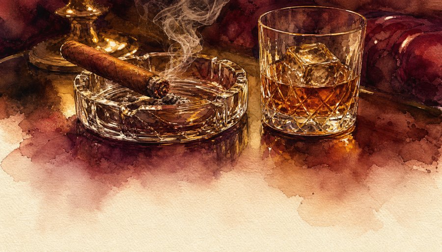 Watercolor painting of a lit cigar resting in a crystal ashtray beside a glass of whiskey over ice