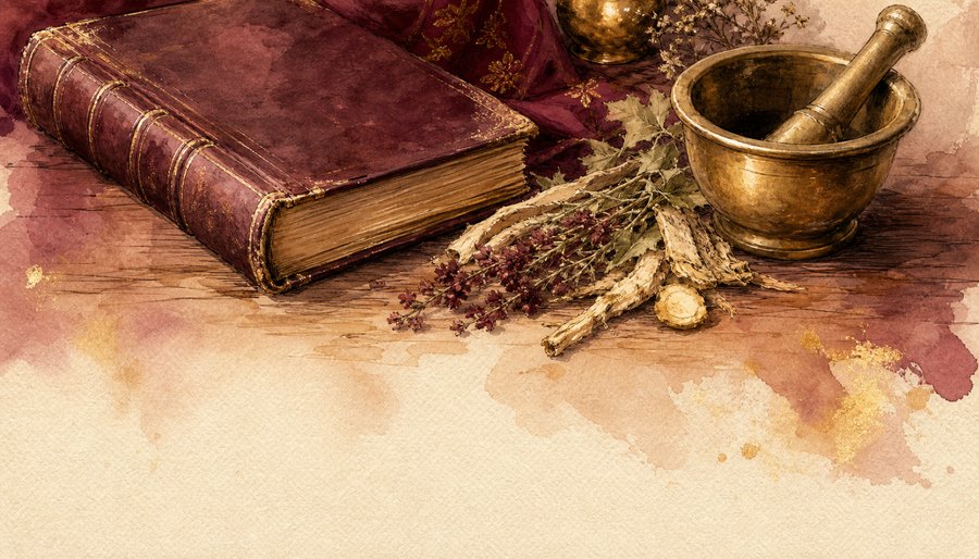 Watercolor painting of a leather-bound book, dried botanicals, and a brass mortar and pestle