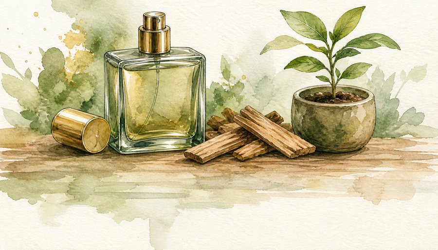 Watercolor painting of a perfume bottle, sandalwood chips, and a small potted seedling on a wooden shelf with greenery behind them