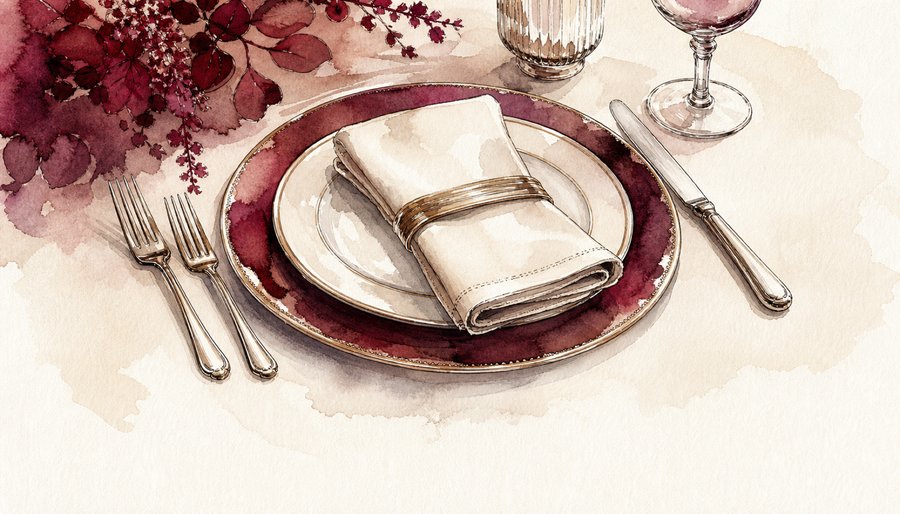 Watercolor painting of a formal place setting with a folded napkin, silverware, a wine glass, and dark florals
