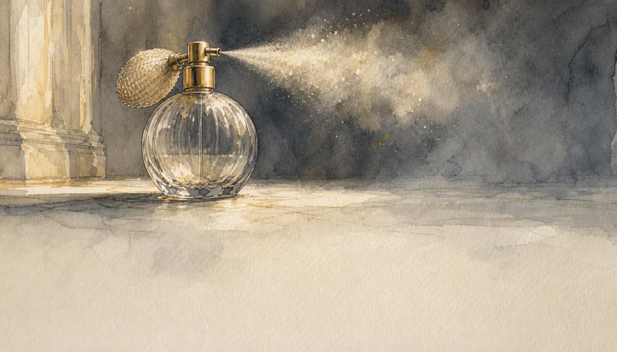 Watercolor painting of a crystal perfume atomizer spraying a fine mist beside a stone column