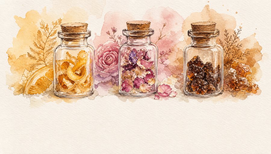 Watercolor painting of three glass apothecary jars holding dried orange peel, rose petals, and amber resin, with soft floral color washes behind them