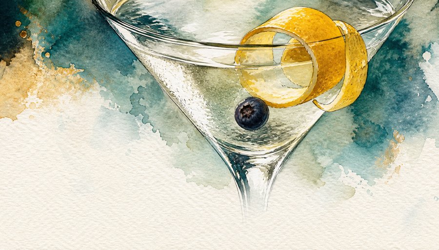 Watercolor painting of a martini glass with a lemon twist and a single blueberry