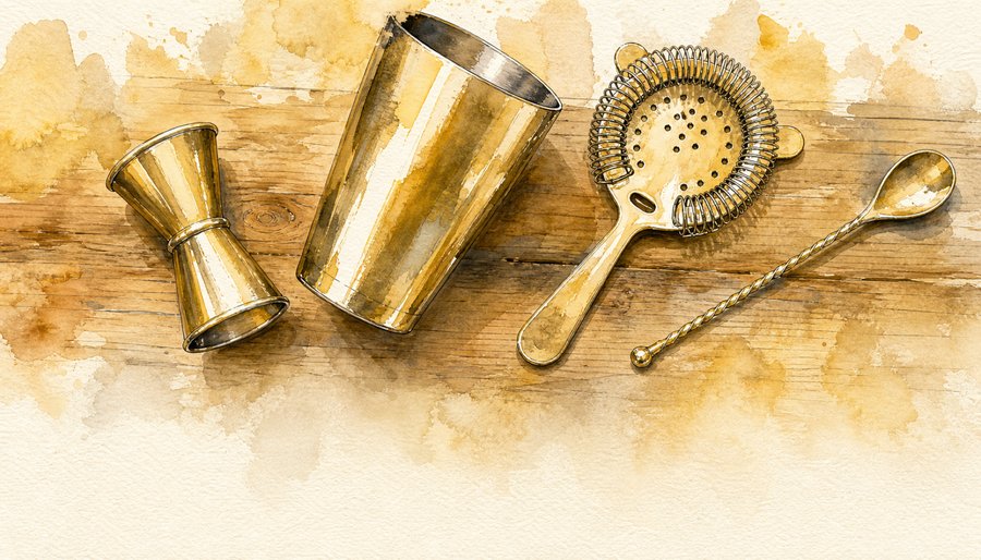 Watercolor painting of bar tools, a jigger, a shaker, a strainer, and a bar spoon, on a wooden bar top