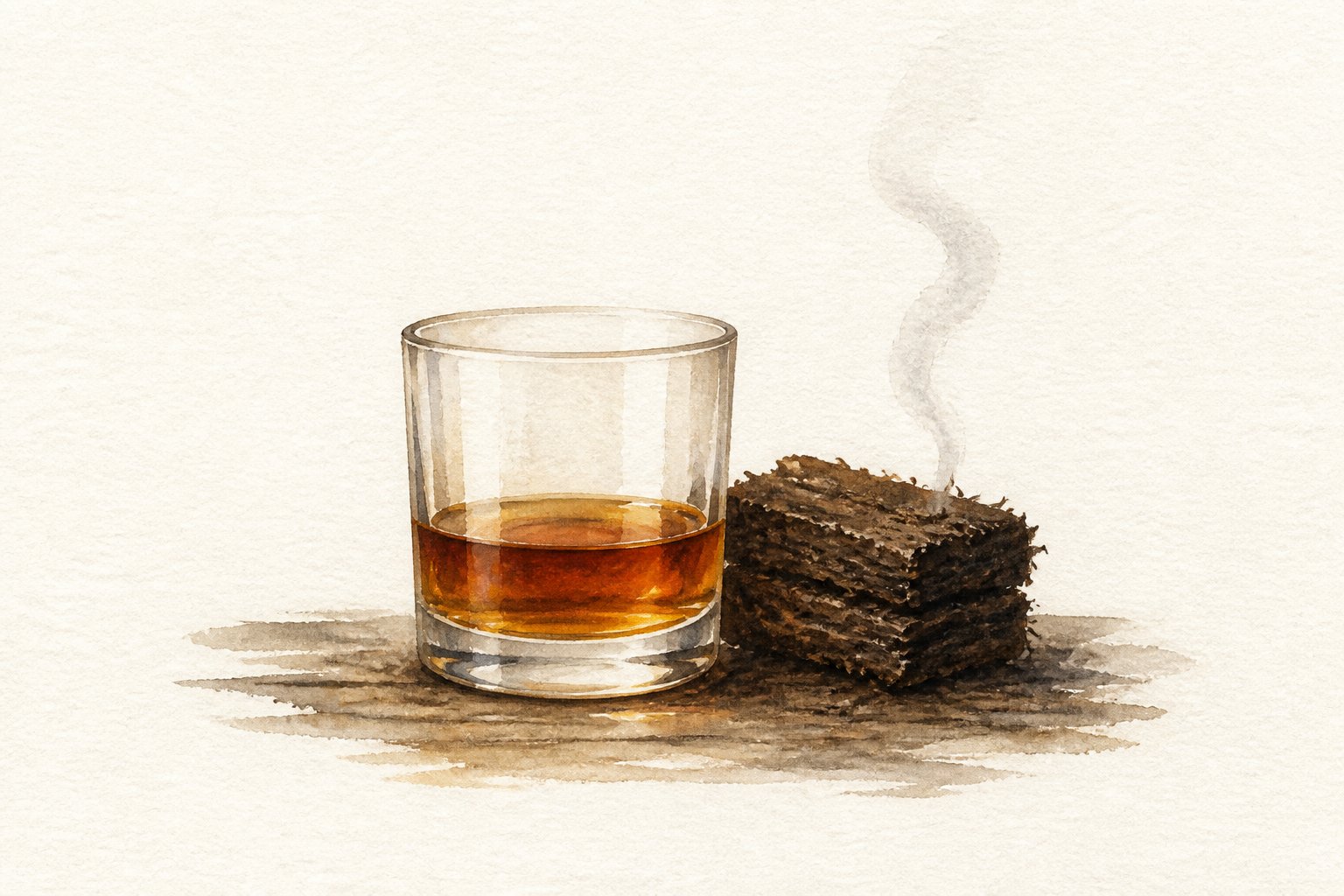 Watercolor painting of a glass of whisky beside a smoking brick of peat