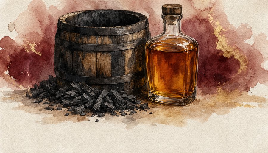 Watercolor painting of a charred oak barrel, scattered charcoal chips, and a bottle of whiskey