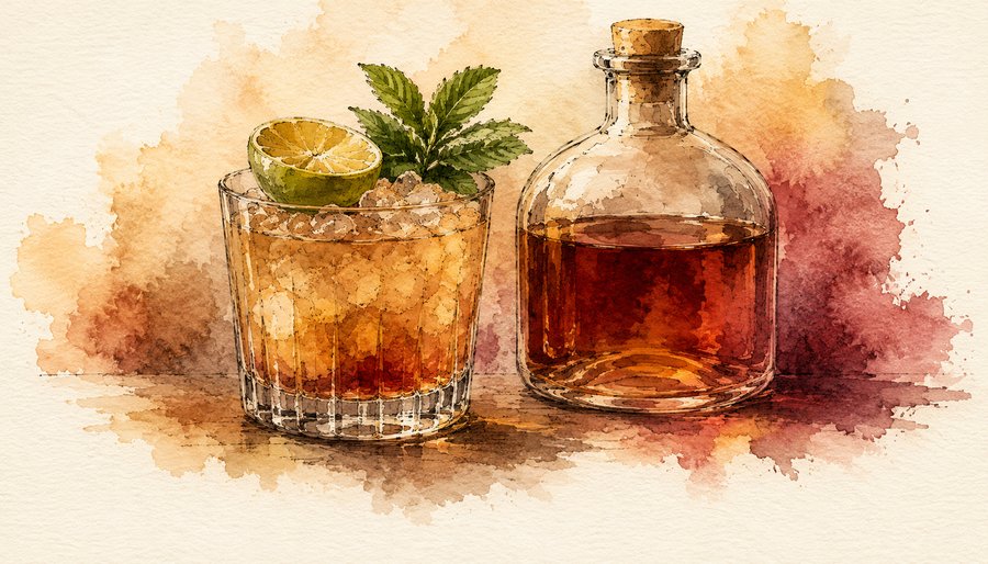 Watercolor painting of a Mai Tai garnished with lime and mint beside a bottle of aged rum