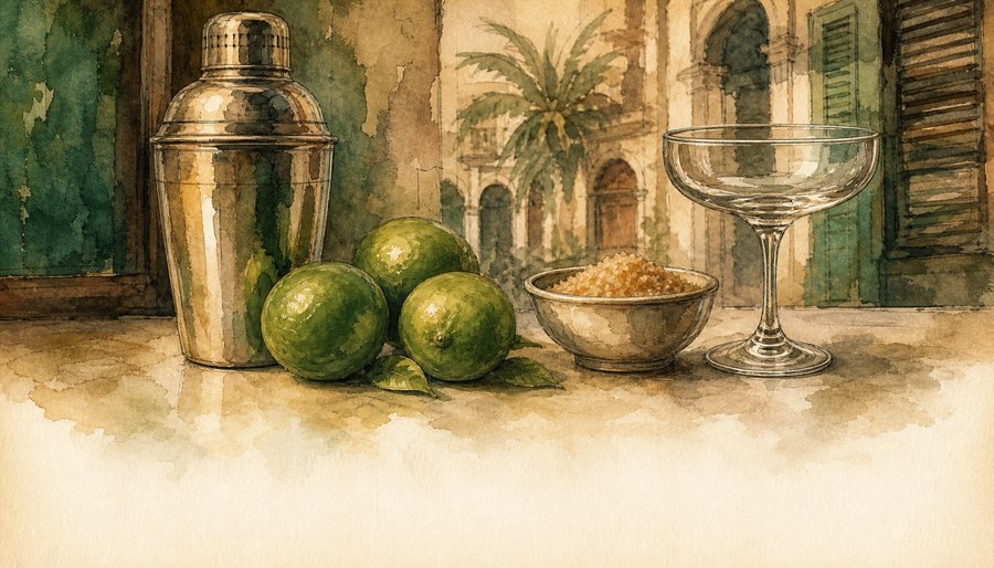 Watercolor painting of a cocktail shaker, fresh limes, and a coupe glass on a Havana courtyard table