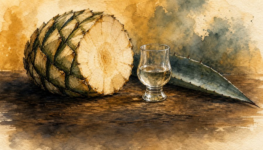 Watercolor painting of a halved roasted agave pina, a glass of tequila, and an agave leaf on a wooden table