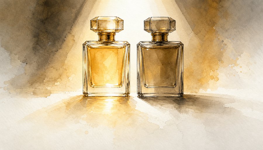 Watercolor painting of two nearly identical perfume bottles side by side in a spotlight