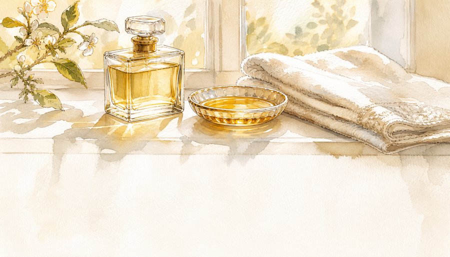 Watercolor painting of a perfume bottle, a small dish of oil, and a folded towel on a sunlit windowsill with flowering branches
