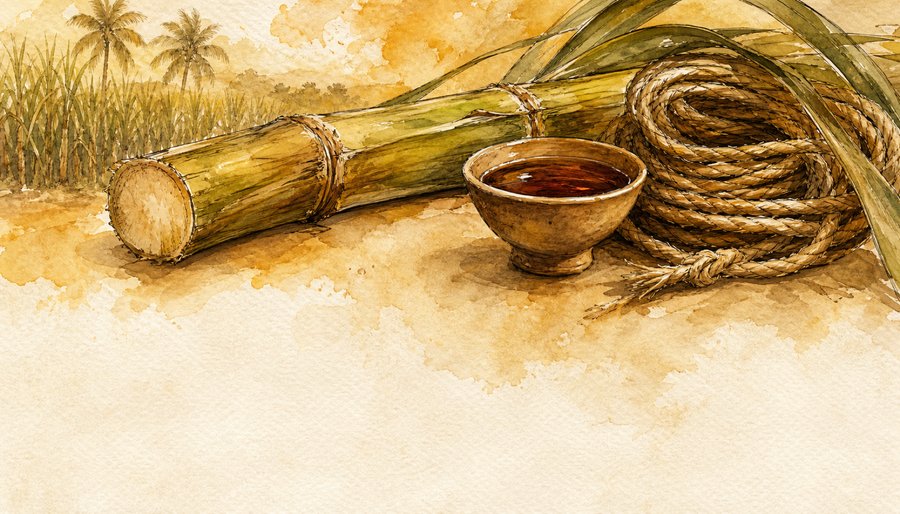 Watercolor painting of a sugarcane stalk, a bowl of dark rum, and a coil of rope on a sandy tabletop with palm trees in the background