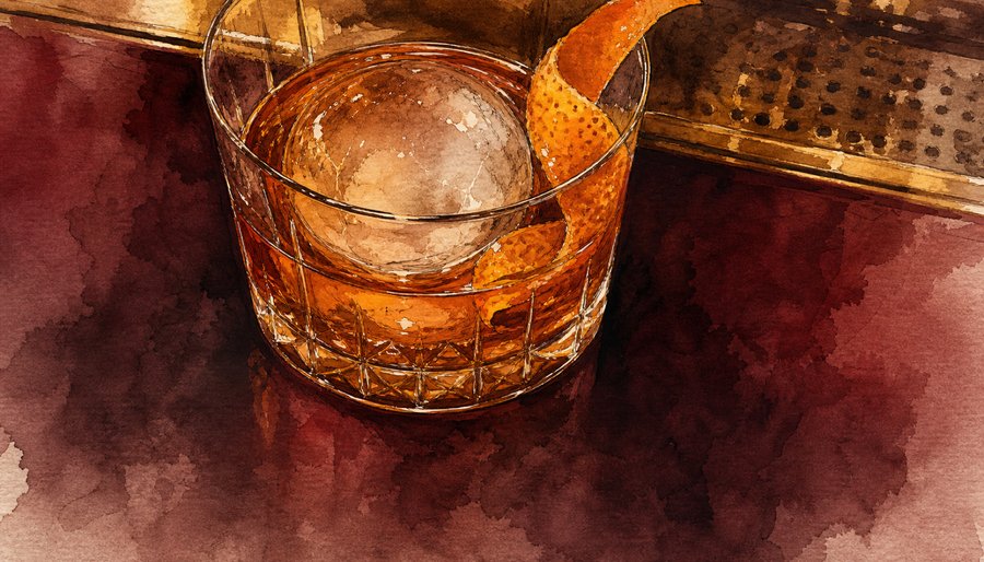 Watercolor painting of an Old Fashioned with a large ice sphere and an orange twist in a crystal rocks glass