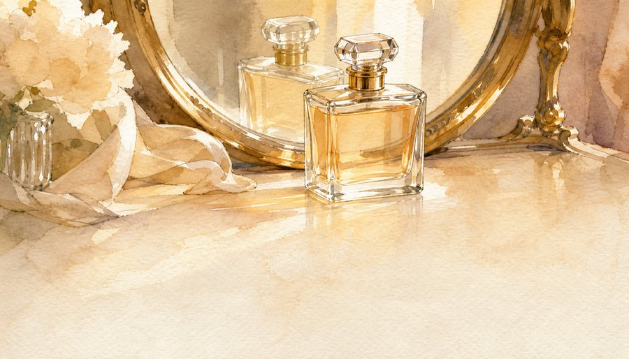 Watercolor painting of a perfume bottle reflected in a vanity mirror beside flowers and a silk scarf