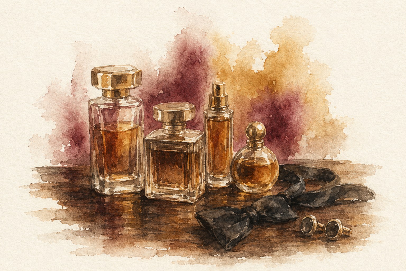 Watercolor painting of four fragrance bottles, a black bow tie, and cufflinks arranged on a dark tabletop with wine and gold color washes behind them