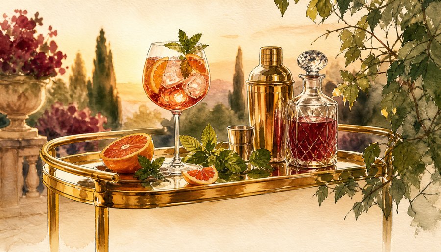 Watercolor painting of a spritz cocktail and bar cart with citrus, a shaker, and a decanter on a sunlit terrace