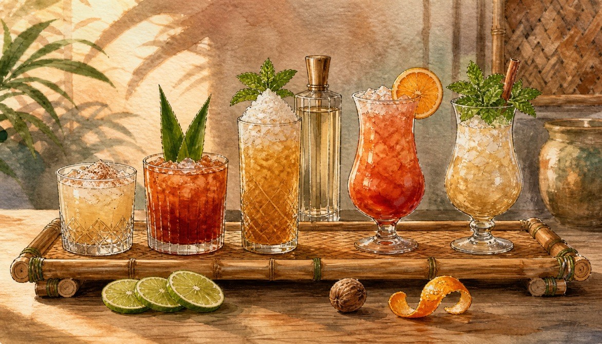 Watercolor painting of five tiki cocktails lined up on a bamboo tray with lime wheels, an orange twist, and palm leaves in the background