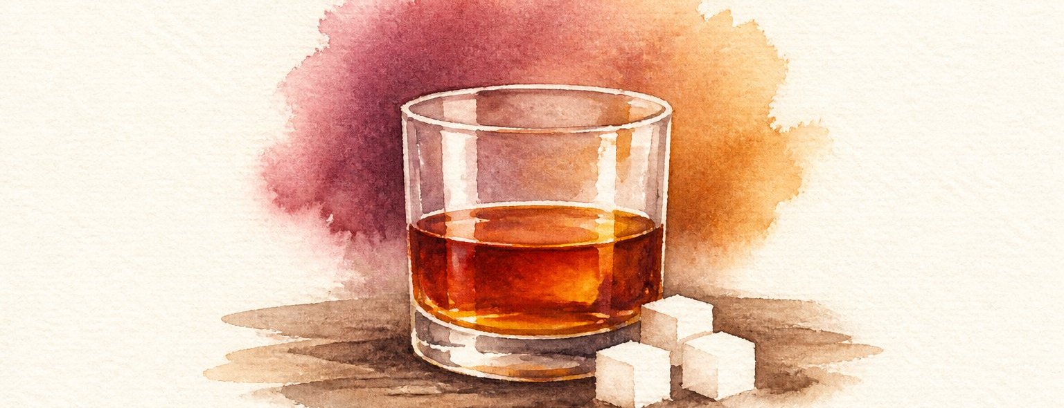 Watercolor painting of a glass of rum with sugar cubes beside it, against a warm bloom of color