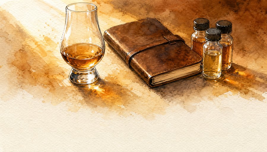Watercolor painting of a Glencairn glass of whiskey, a leather tasting journal, and sample bottles on a sunlit shelf