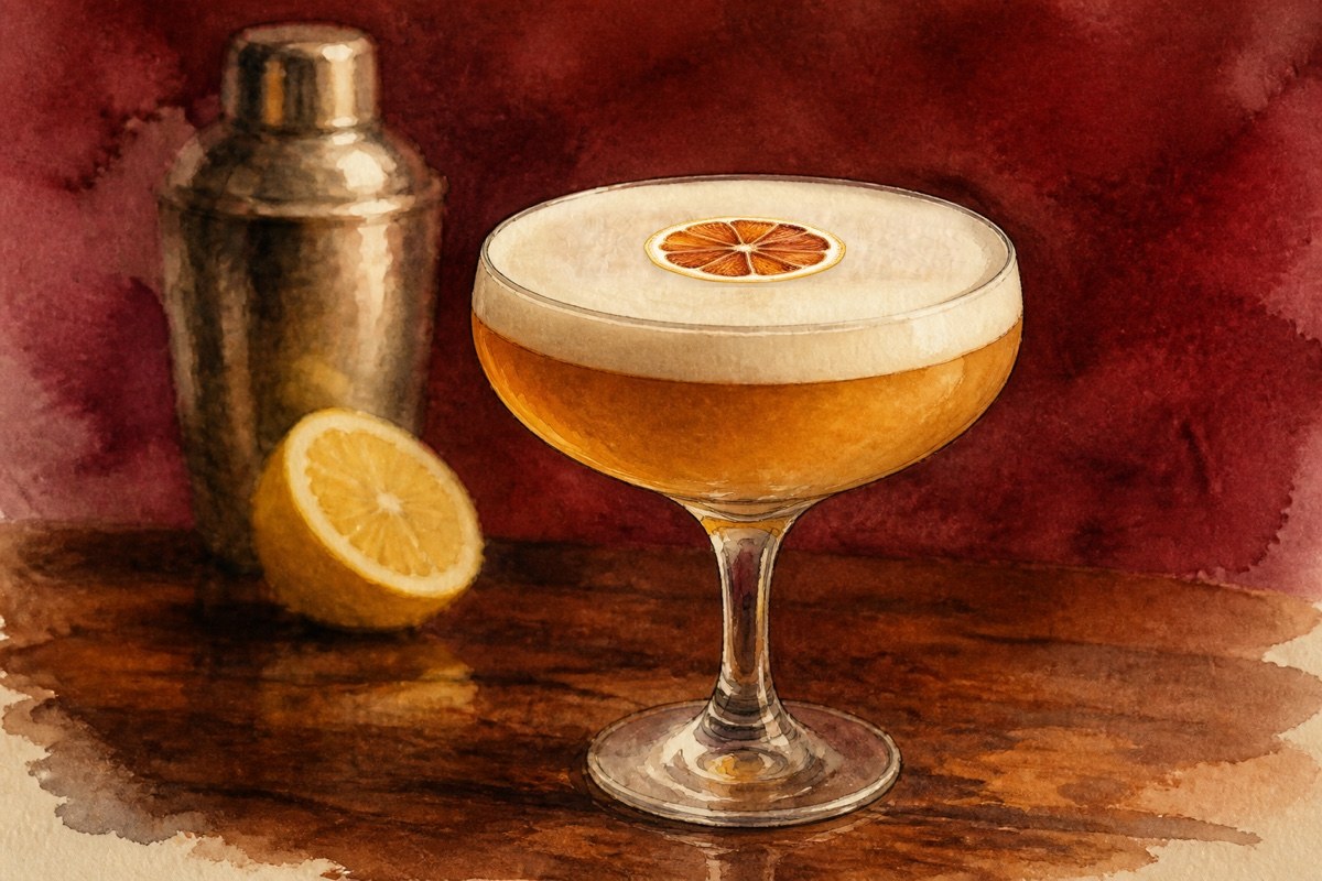 Watercolor painting of a foam-topped whiskey sour in a coupe glass with a dried orange wheel, a cocktail shaker and half a lemon beside it