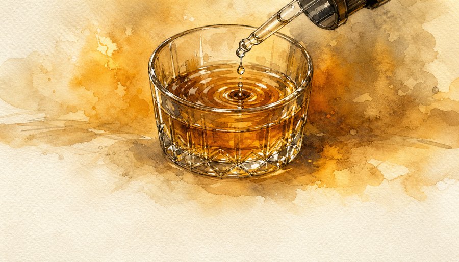 Watercolor painting of a dropper adding a drop of water into a crystal glass of whiskey, rings rippling across the surface