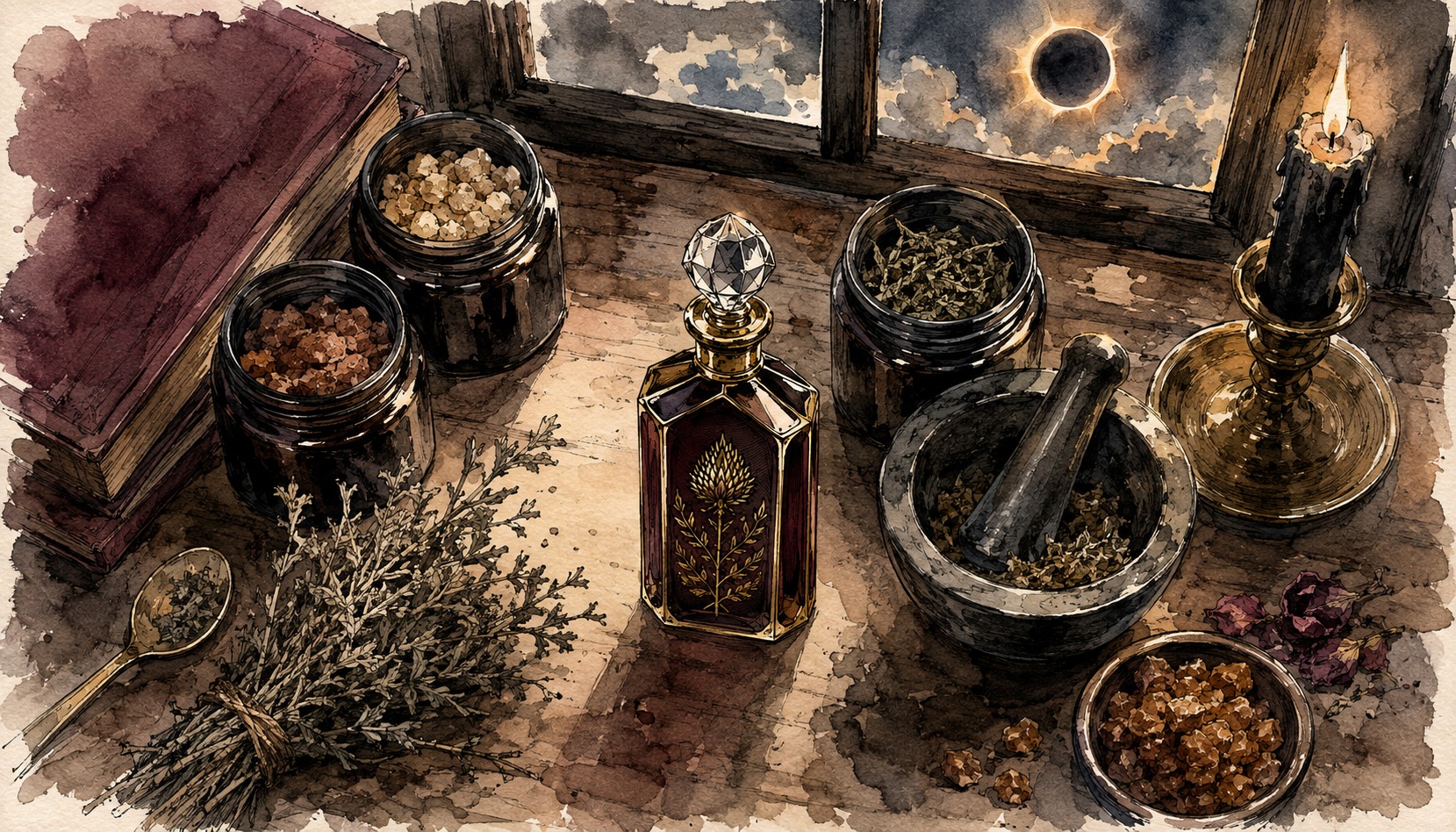 Watercolor painting of an apothecary shelf with a perfume bottle, dried herbs, a mortar and pestle, and a candle beside a window showing a solar eclipse