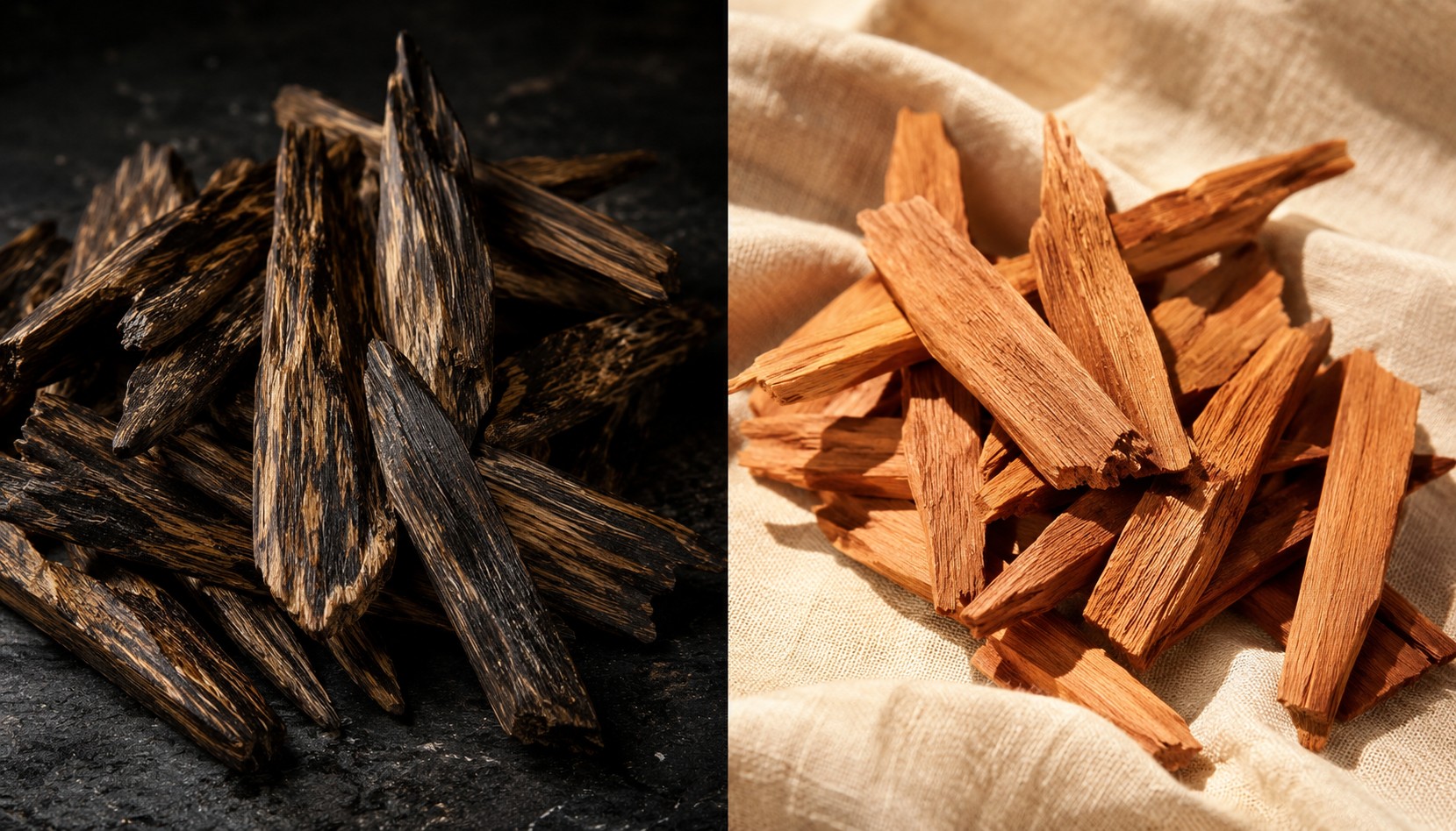 Split composition, raw agarwood log with dark resinous heartwood on left, freshly cut sandalwood branch with pale golden grain on right