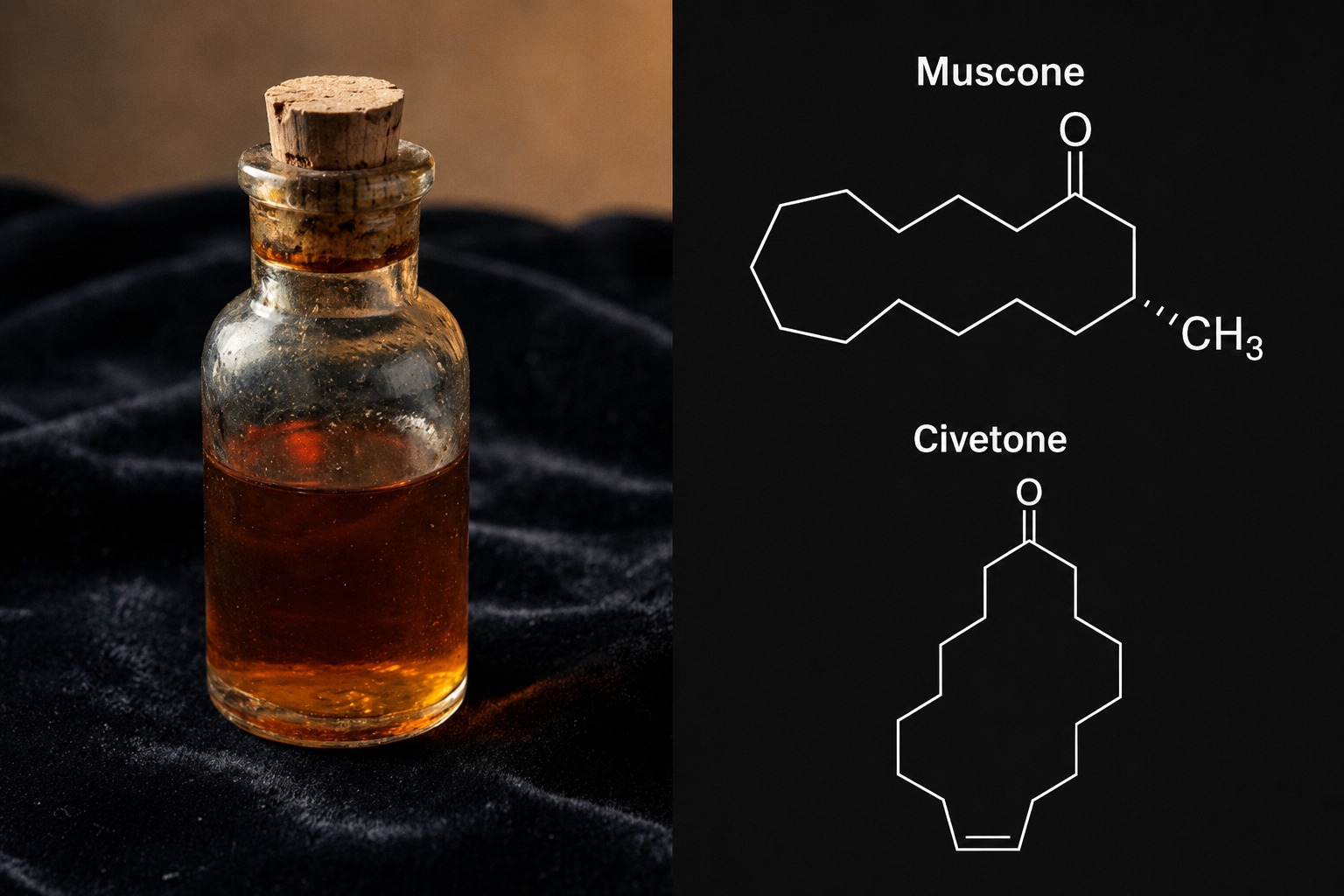 Split composition, antique glass apothecary vial on dark velvet on left representing historical animalic materials, artistic molecular ball and stick models of civetone and muscone crystals on right against dark background