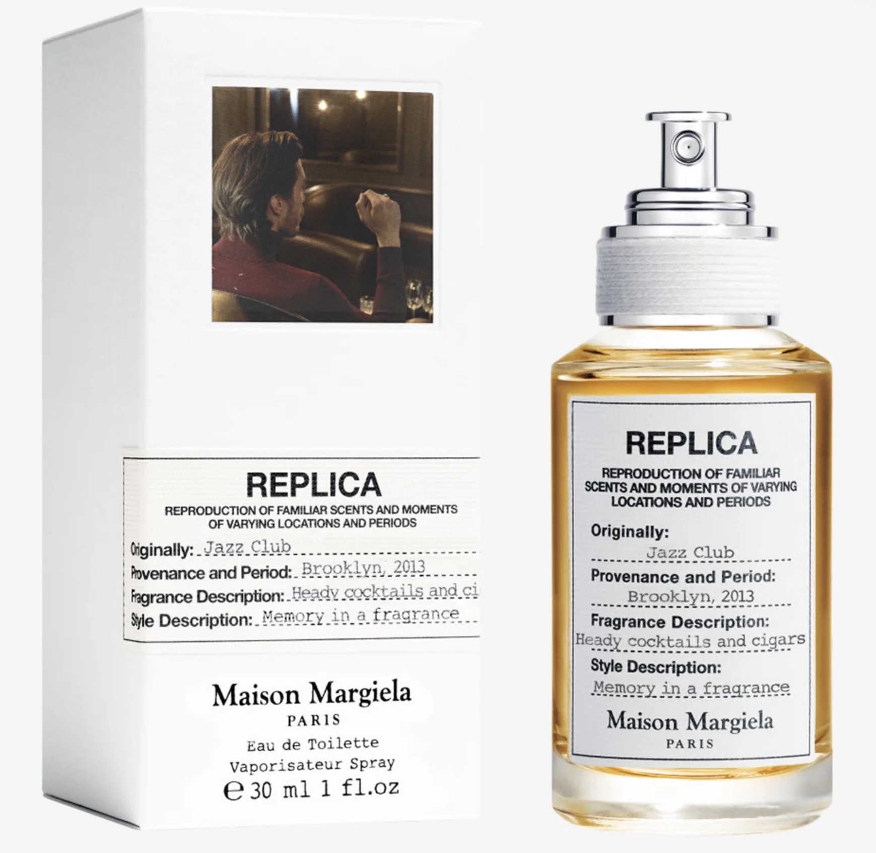 Maison Margiela Replica Jazz Club bottle beside its box, capless refillable design