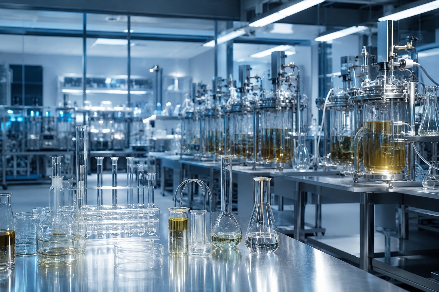 Modern fragrance biotech laboratory, glass fermentation vessels and precision glassware under clean overhead light