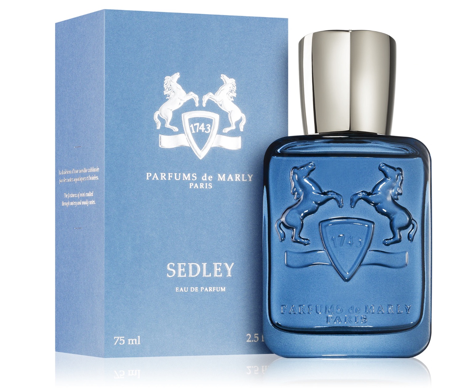 Parfums de Marly Sedley bottle beside its simple box, no decorative inserts