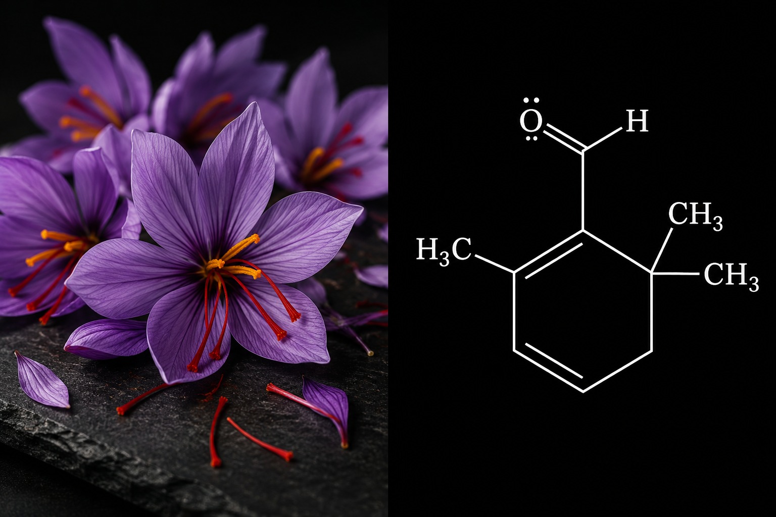 Split composition, hand-picked purple Crocus sativus saffron flowers with red stigmas on left, artistic molecular ball and stick model of safranal on right against dark background