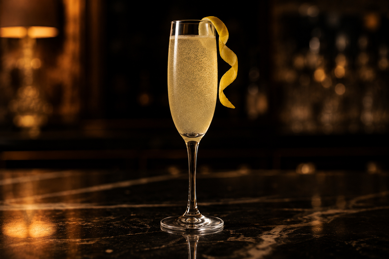 A French 75 cocktail in a tall Champagne flute, pale golden color, long twisted lemon peel on the rim