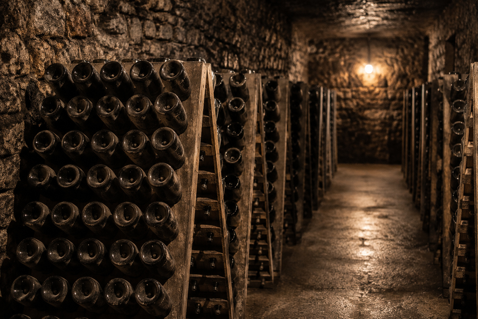 Traditional Champagne cellar with rows of bottles stored neck-down in wooden riddling racks