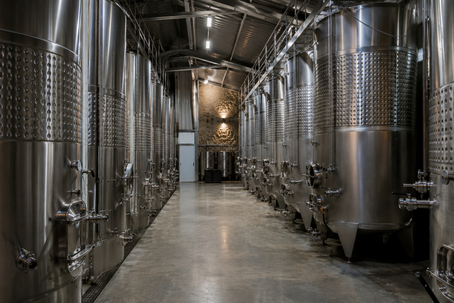 Large stainless steel fermentation tanks in a modern winery