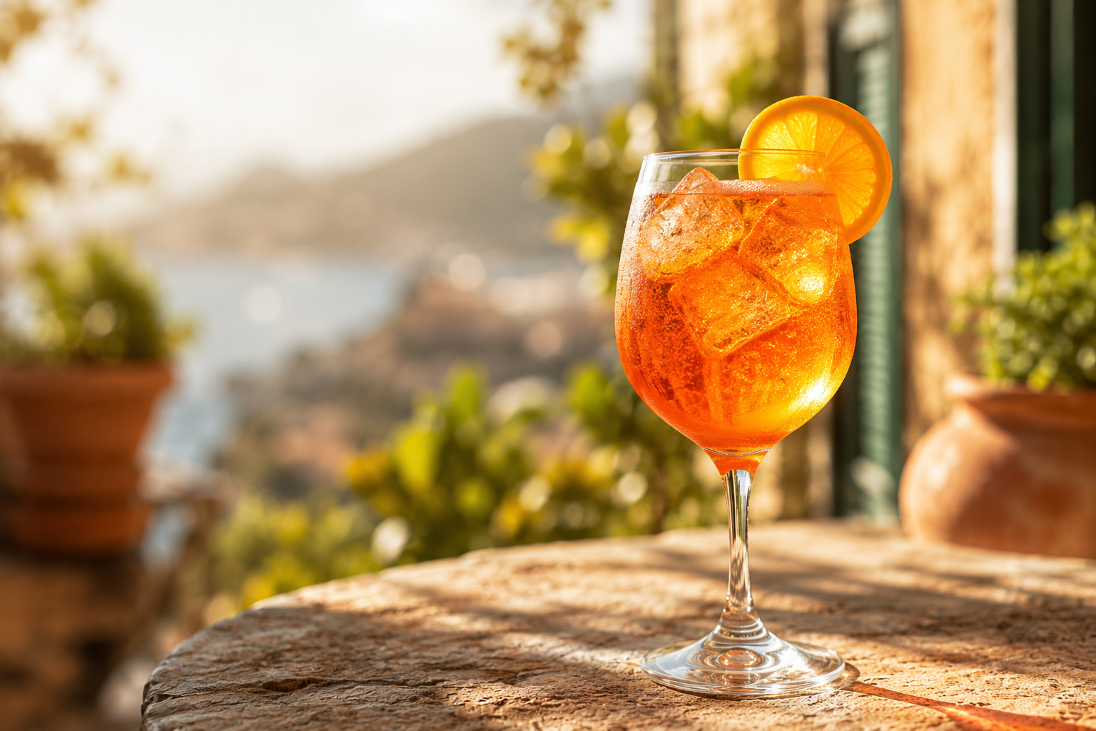 An Aperol Spritz in a large stemmed wine glass on a sunny outdoor Mediterranean terrace