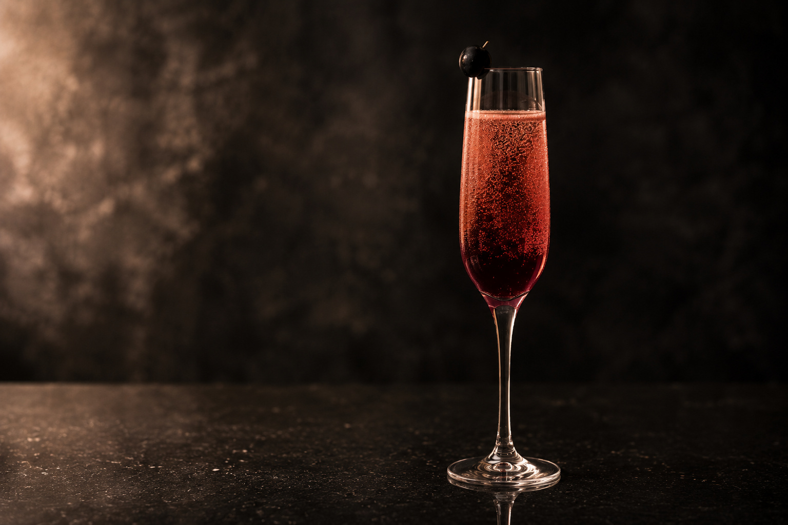 A Kir Royale in a tall Champagne flute, deep burgundy-rose color, rising bubbles, a blackcurrant on a pick