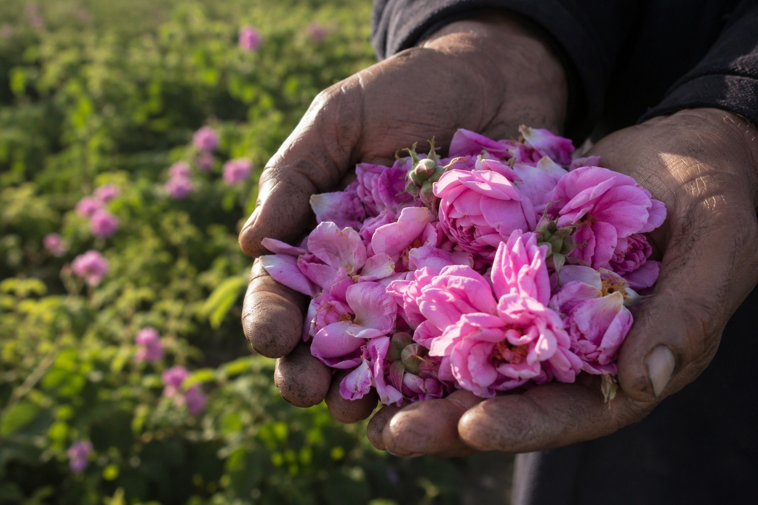 Hands cupping freshly picked deep pink Damascena rose petals in early morning light