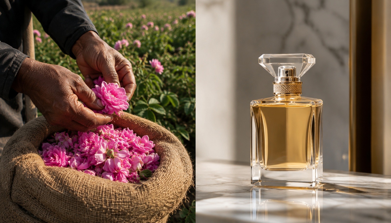 Split composition contrasting hand harvesting of raw materials with a finished luxury perfume bottle