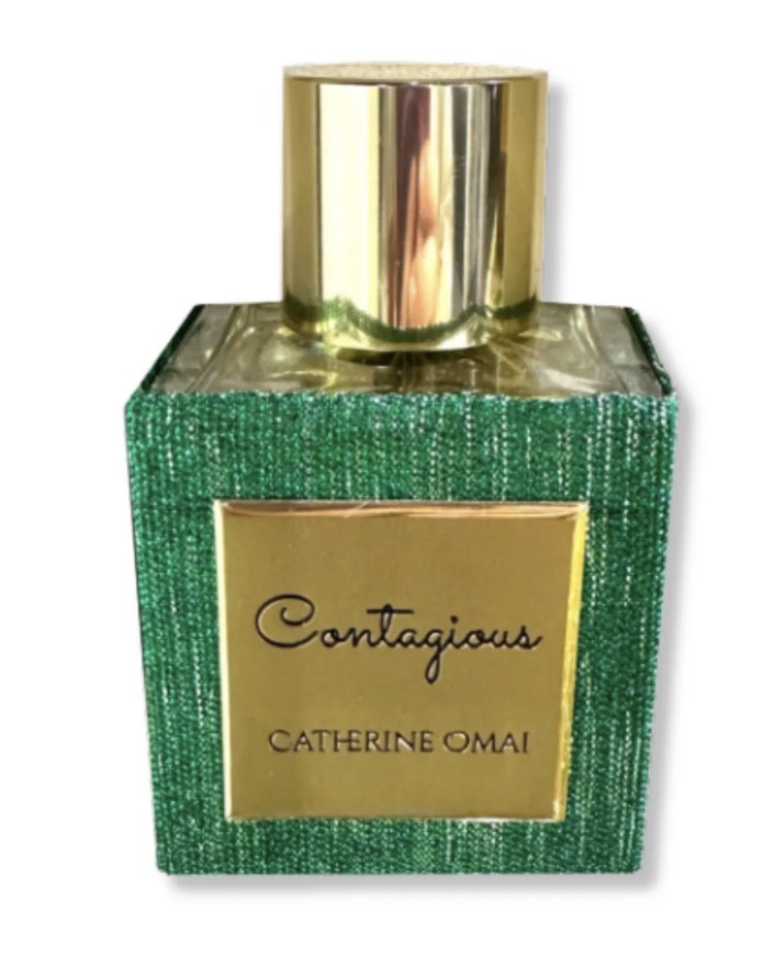 Catherine Omai Contagious Green perfume bottle, green textured glass with gold cap