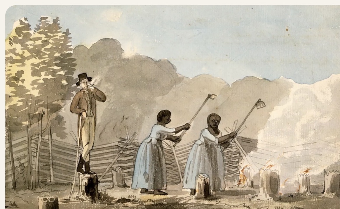 Watercolor of an overseer supervising two enslaved women hoeing a tobacco field near Fredericksburg, Virginia