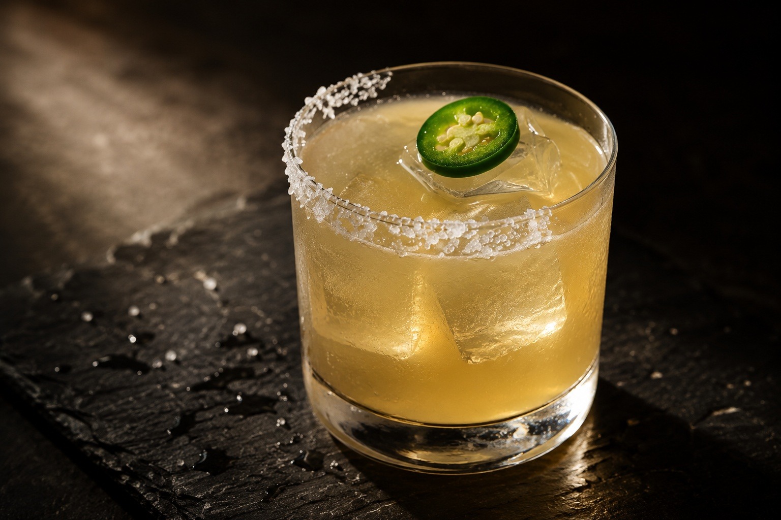 A spicy margarita in a rocks glass on dark slate, salted rim, lime wheel, jalapeno slice, clear ice