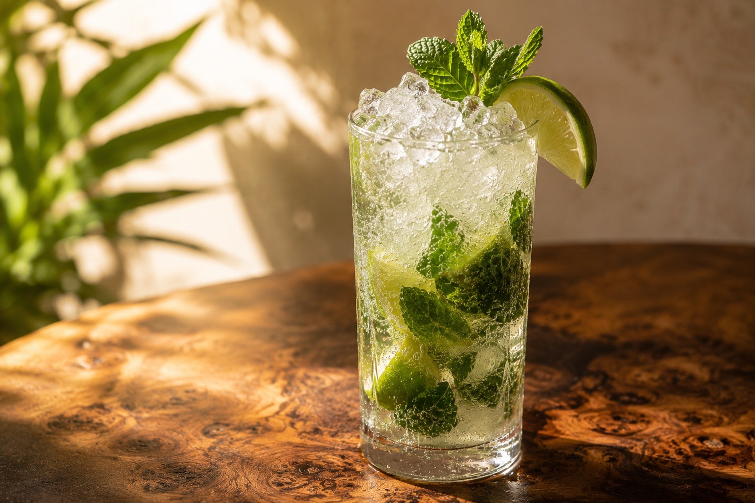 A mojito in a tall highball glass on a burl walnut surface, fresh mint, lime wedge, crushed ice