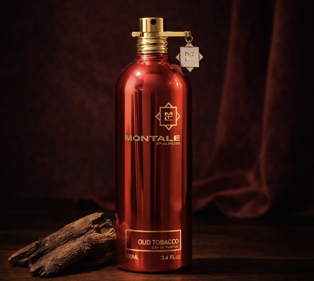 Montale Oud Tobacco red metallic bottle with gold lettering, agarwood chips beside it on dark wood