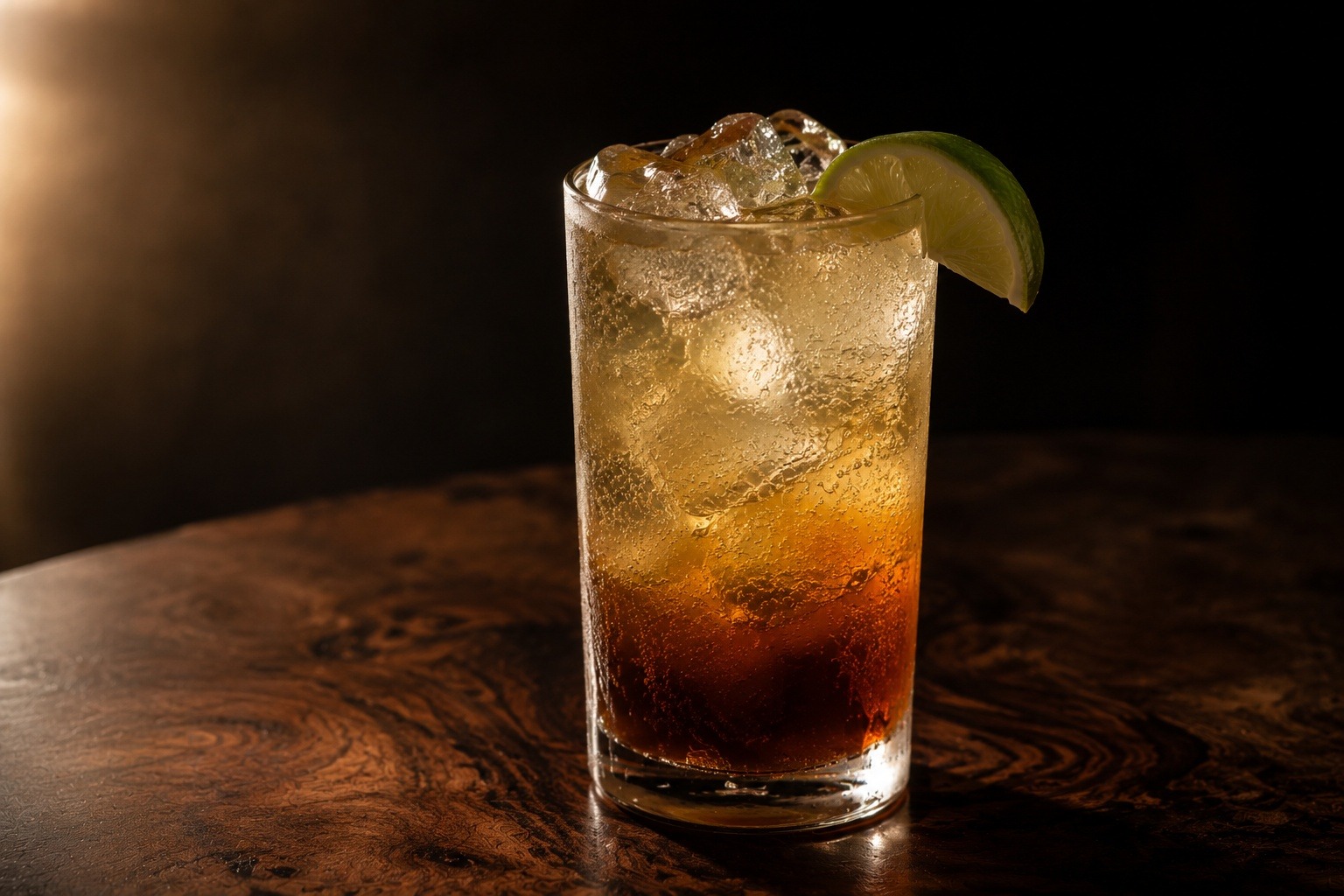 A Dark and Stormy in a tall highball glass on burl walnut, dark rum at base below pale ginger beer, lime wedge