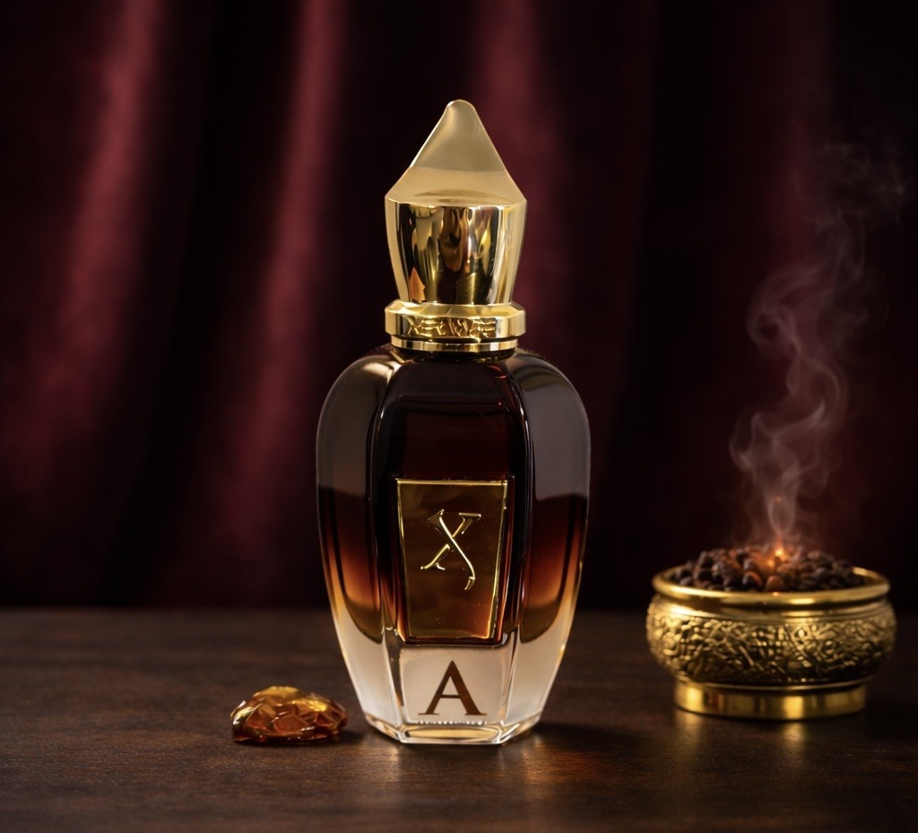 Xerjoff Alexandria II bottle on dark wood with incense burner and smoke, burgundy velvet curtain background
